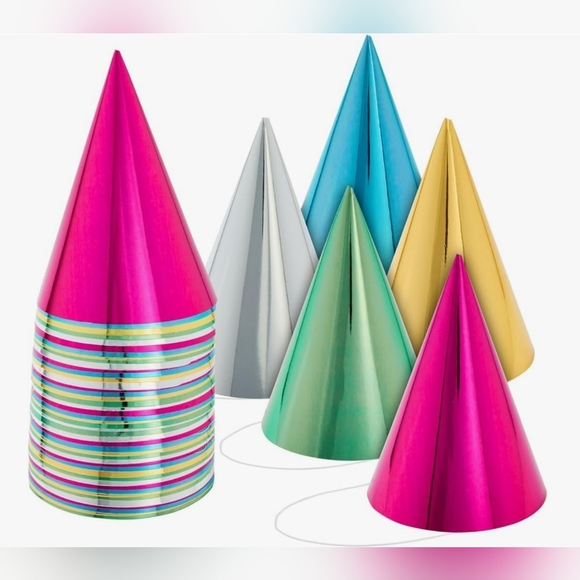 BluePanda 50 Pack Birthday Party Cone Hats, Bulk Set in 5 Metallic Colors - Picture 2 of 7